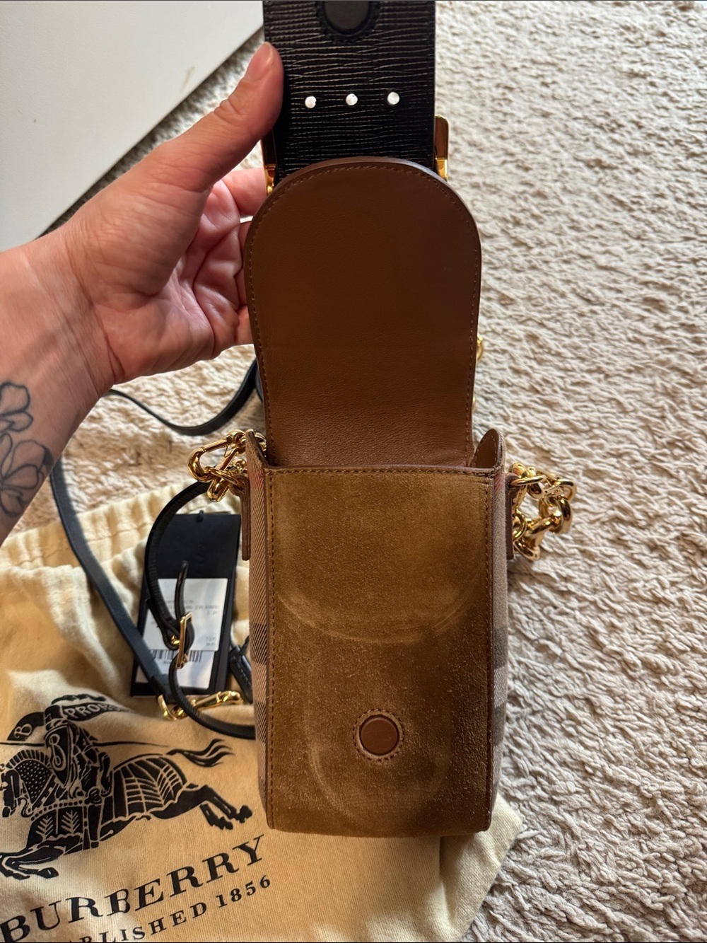 Burberry Brown and Black Buckle Phone Pouch with Gold Chain Strap - Picture 4 of 7